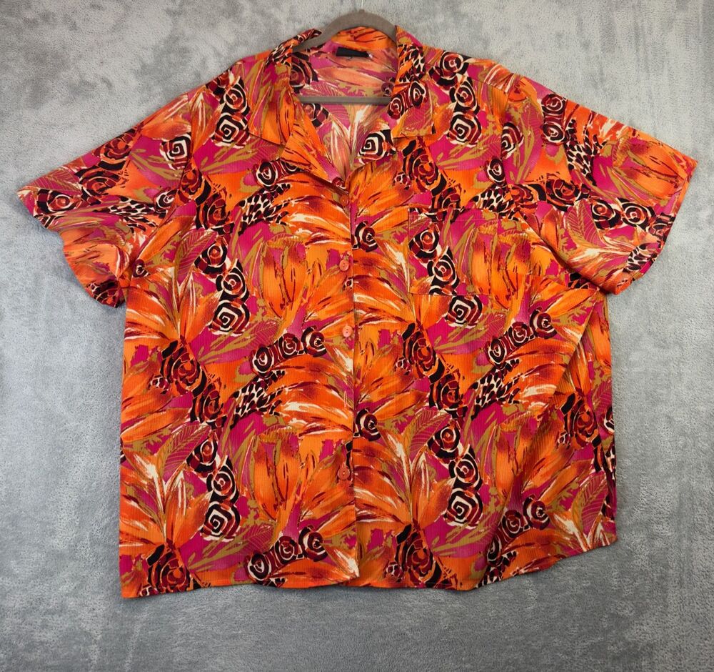 Maggie Barnes Shirt Womens 4X Orange Button Up Floral Blouse Casual Plus Size